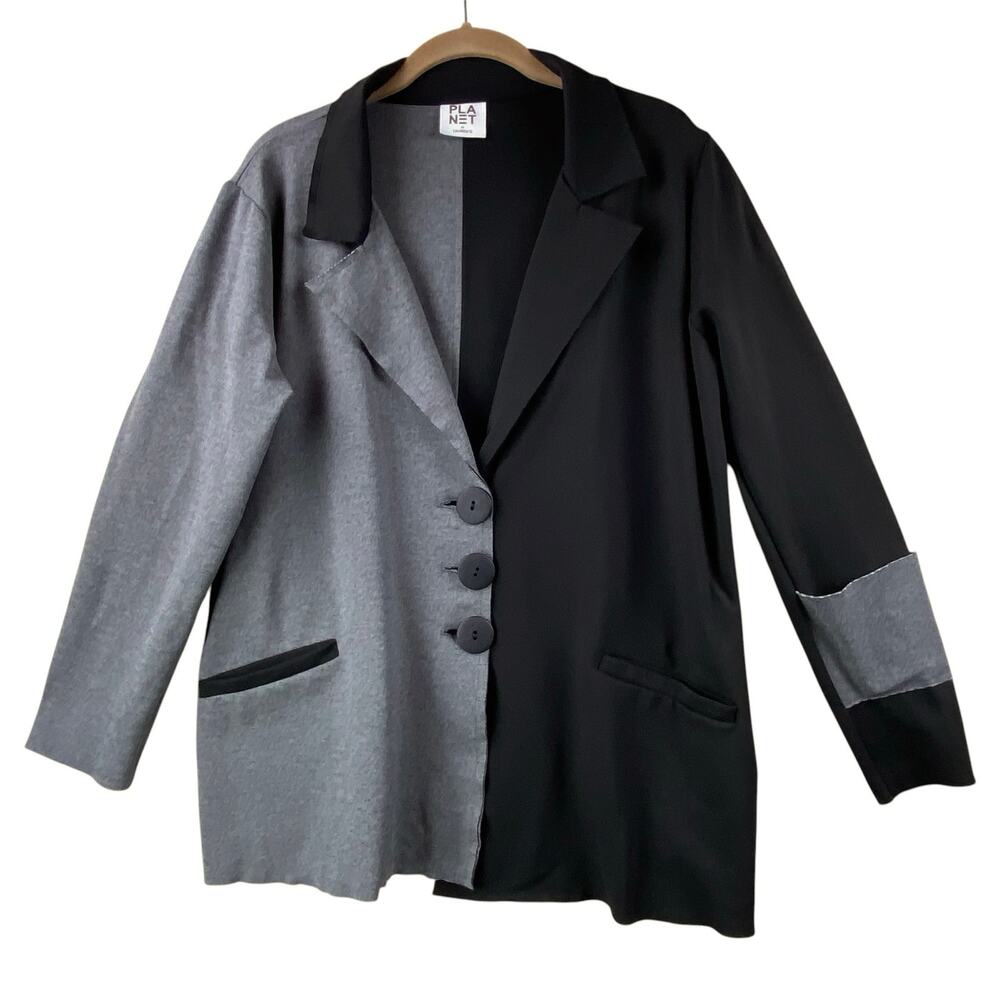 Planet by Lauren G Soft Blazer Jacket Size 6/8 Oversized Black Gray Artsy